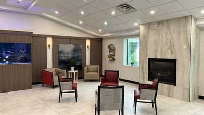 Common area seating arrangement with a fireplace