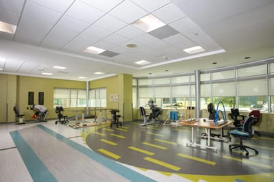 Bright therapy room with equipment and seating