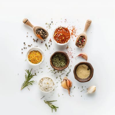 Various spices and herbs arranged artistically