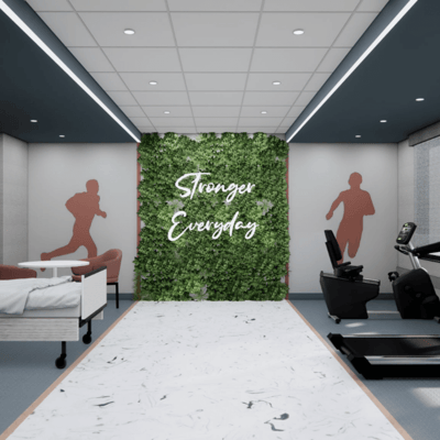 Interior fitness room with greenery and motivational sign
