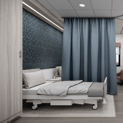 A well-furnished private resident room with bed and curtains