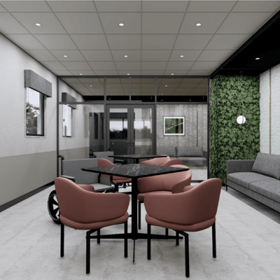 Modern common area with seating and greenery