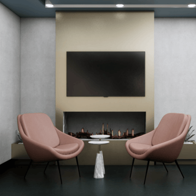 Modern lounge area with cozy chairs and a fireplace