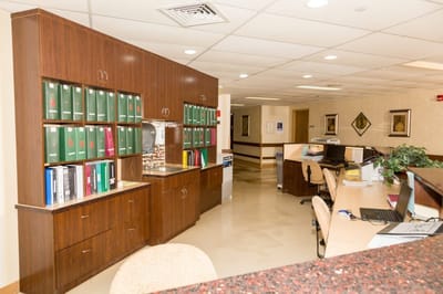 Interior view of an office space with cabinets