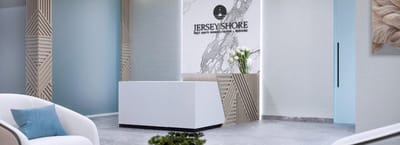 Reception area with modern design and logo