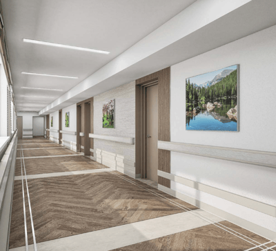 Bright, modern hallway with scenic artwork
