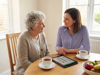 A caregiver talking with a resident at a table