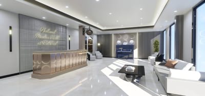 Bright, modern lobby area with seating