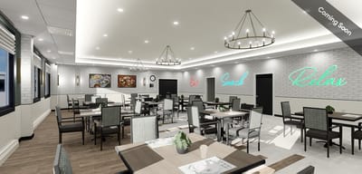 Bright dining area with tables and chairs