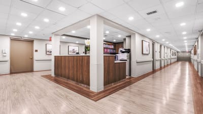 Interior view of a nursing home lobby area