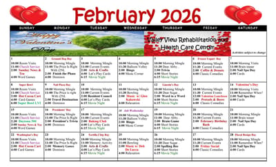 Valley View Rehabilitation And Healthcare Ctr, Nursing Home in Newton, NJ — Monthly activity calendar for senior living facility