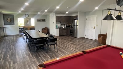 Bright common area with tables and seating