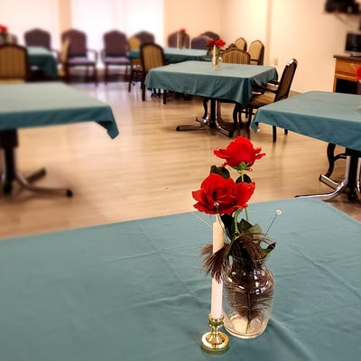 Interior dining area with decorated tables