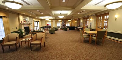 Bright common area with festive decorations