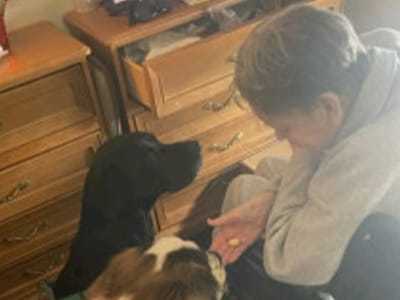 Resident interacting with dogs in a cozy room