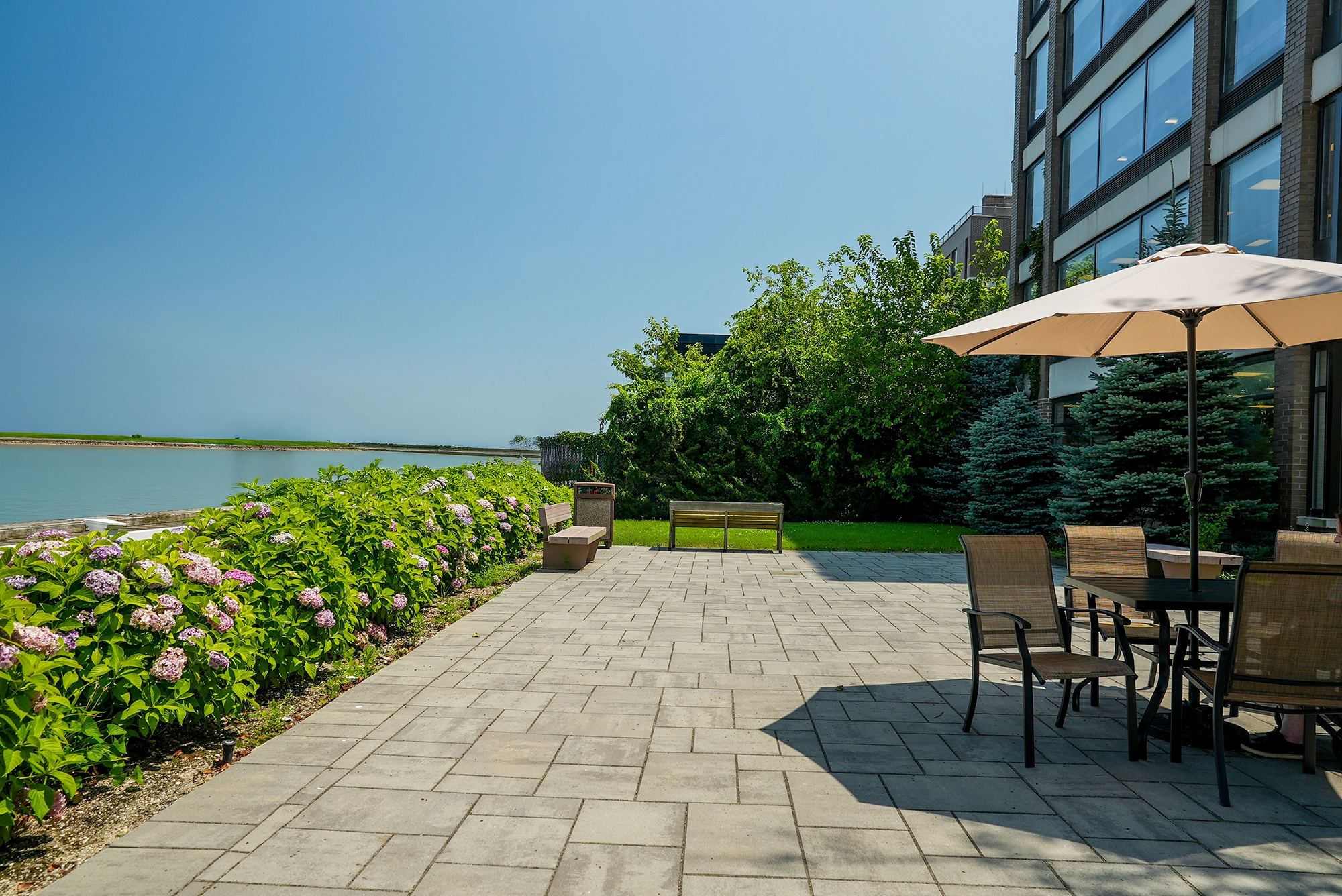 Outdoor patio area with seating and greenery