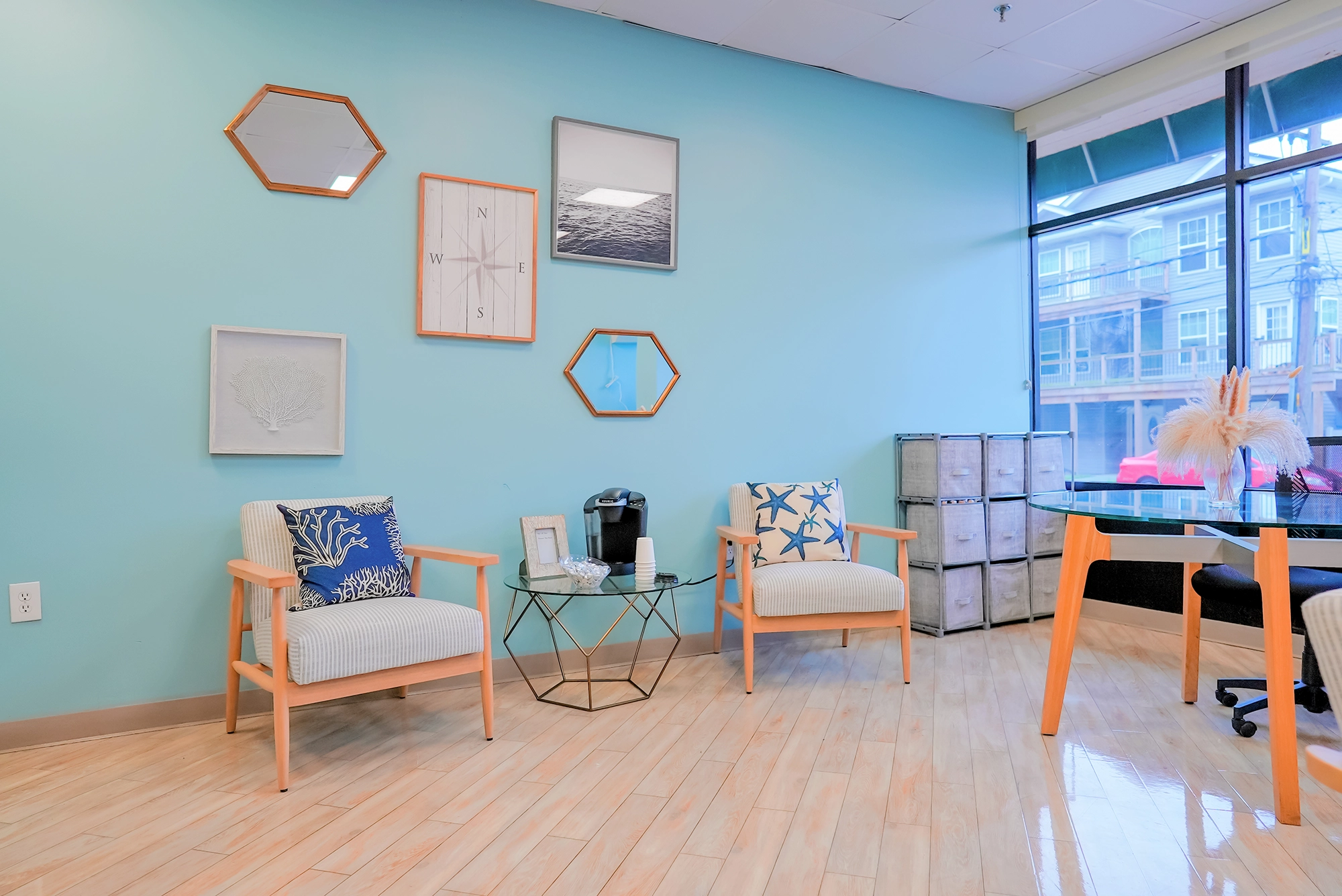 Bright lobby area with modern seating and decor