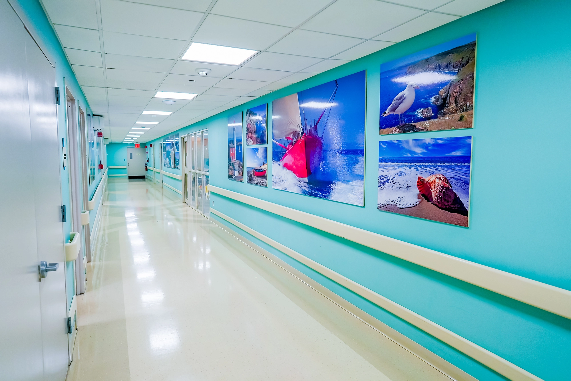 Bright hallway adorned with vibrant photos