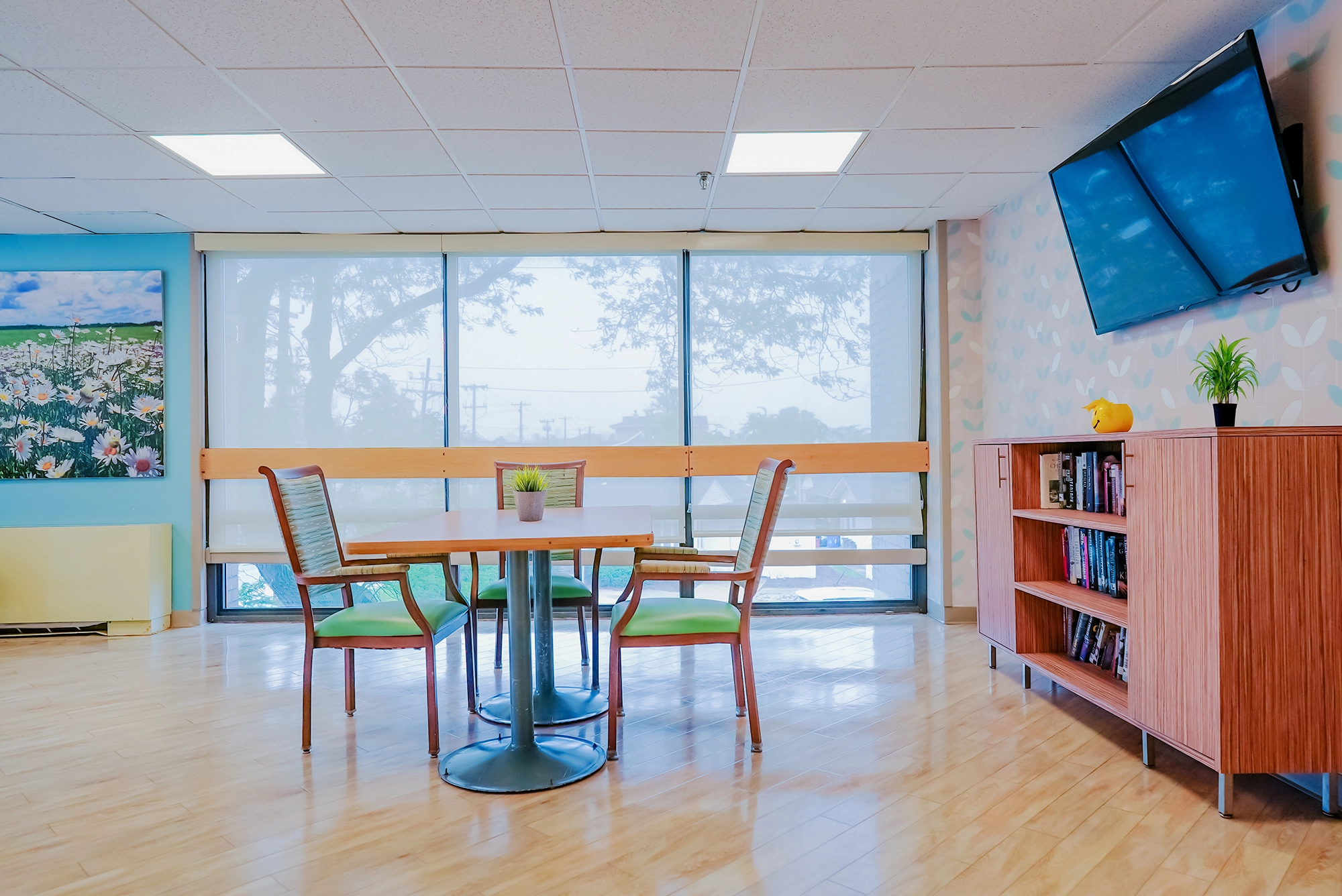 Bright interior common area with tables and chairs