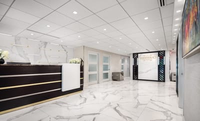 A bright and modern reception area in a senior living facility