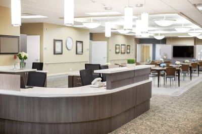 Bright, welcoming common area with modern seating