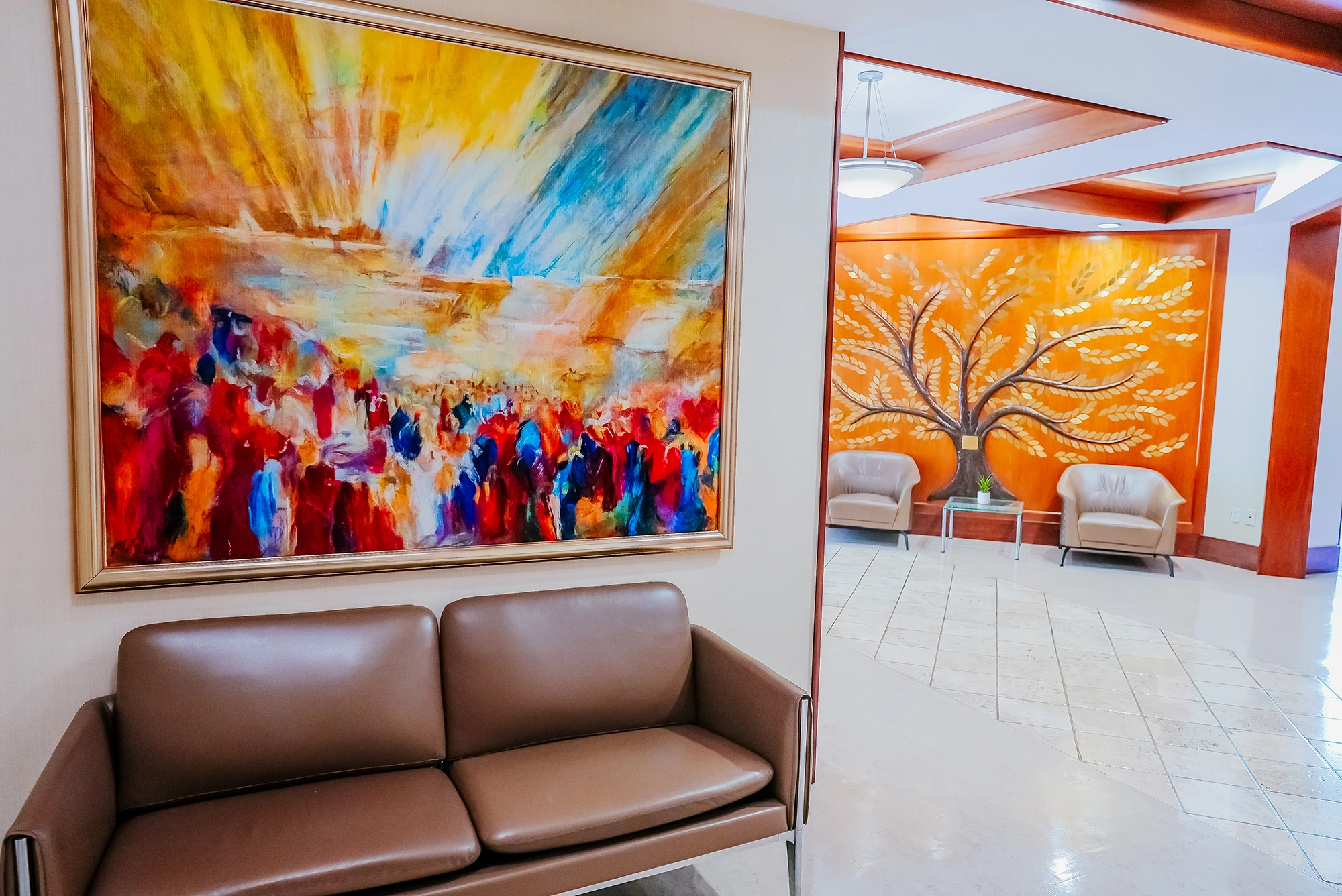 Brightly decorated lobby area with colorful artwork