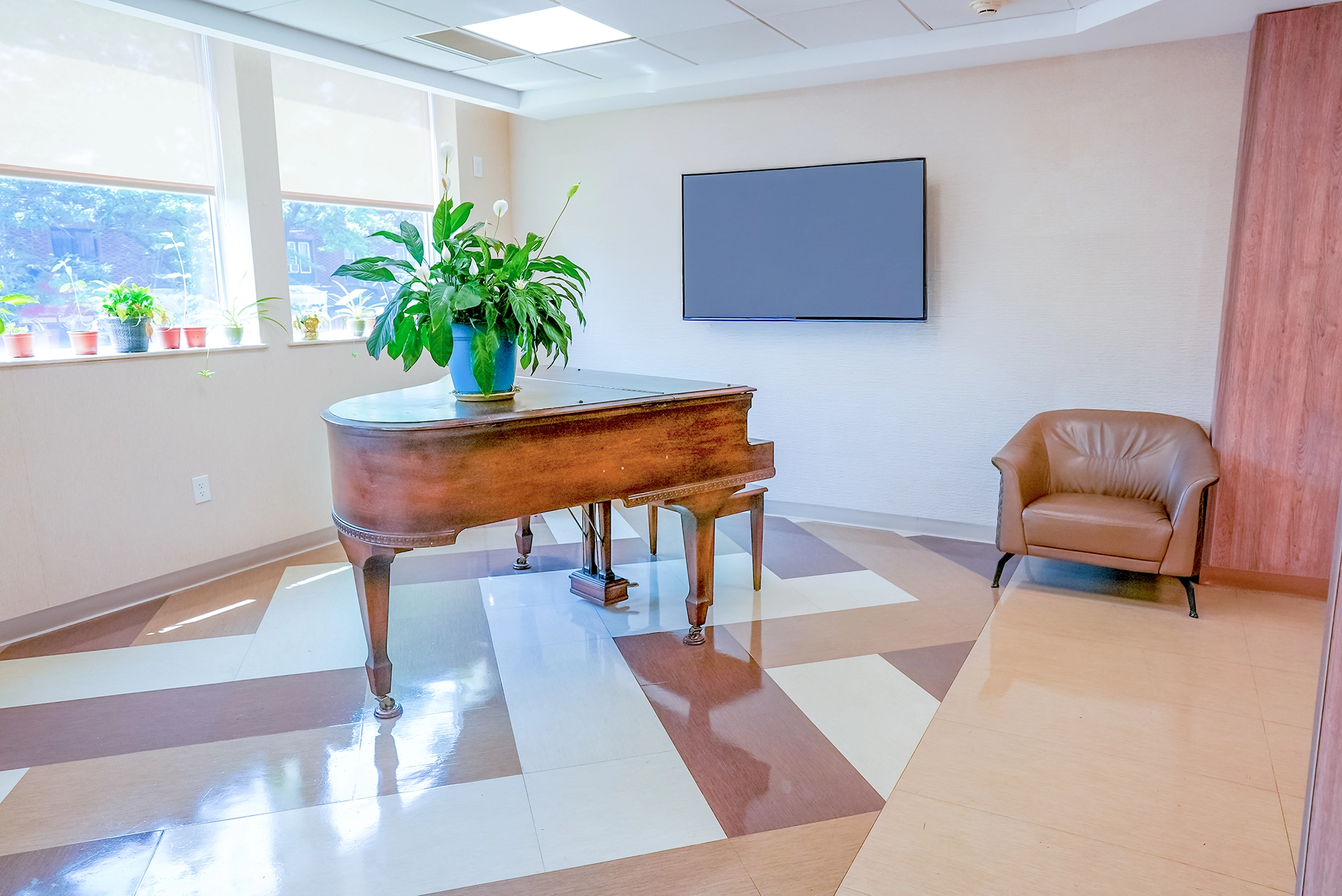 Bright common area with a grand piano and plants