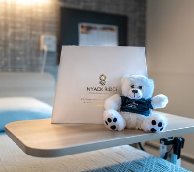 A teddy bear and gift bag on a bedside table