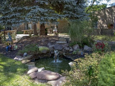 A serene garden area with a pond and seating