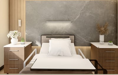 Modern resident room with bed and nightstands