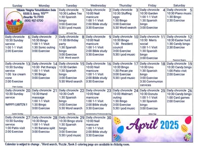 Monthly activity calendar for a senior living facility
