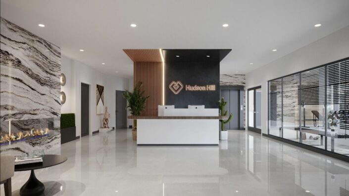Modern reception area with a logo and stylish decor