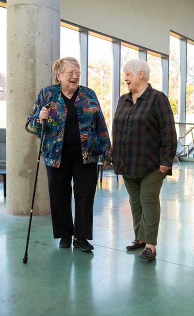 Two smiling women chatting in a common area
