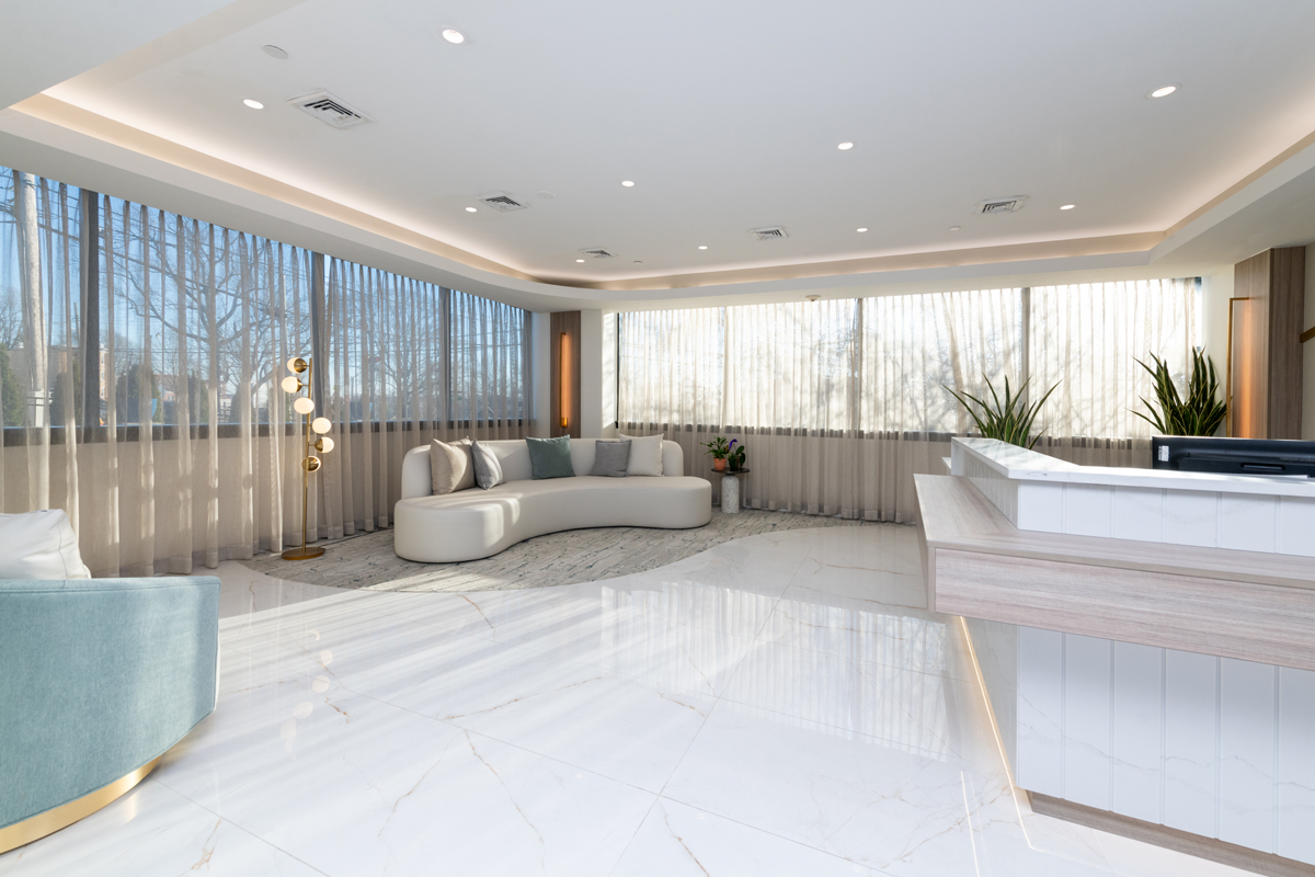 Bright interior lobby with modern furnishings
