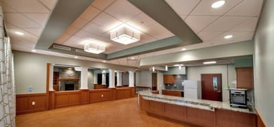 Bright common area with modern decor and kitchen