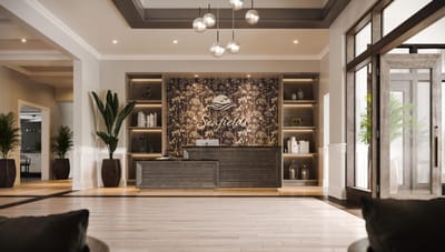 Bright reception area of a senior living facility