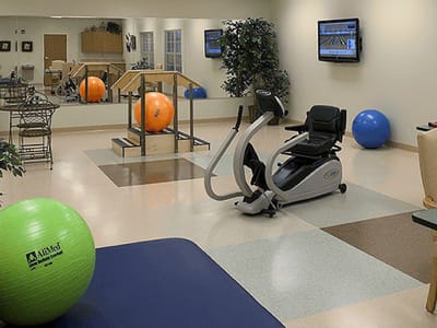 Therapy gym with exercise equipment and fitness balls