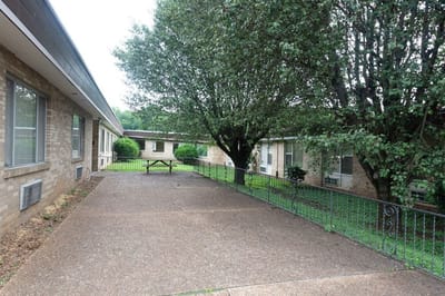Outdoor courtyard with benches and greenery