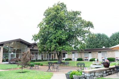 Exterior view of a senior living facility with gardens