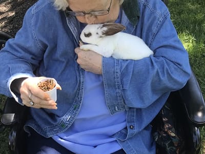 Resident enjoying time with a rabbit in the garden