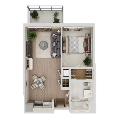 Stylish interior layout of a one-bedroom apartment