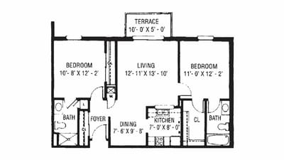 Architectural floor plan of a two-bedroom unit
