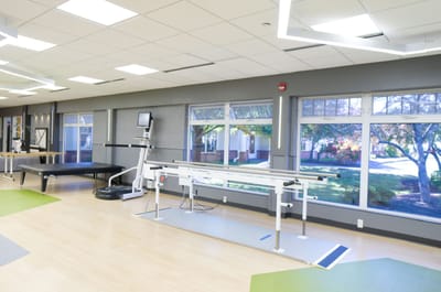 A bright physical therapy gym with exercise equipment
