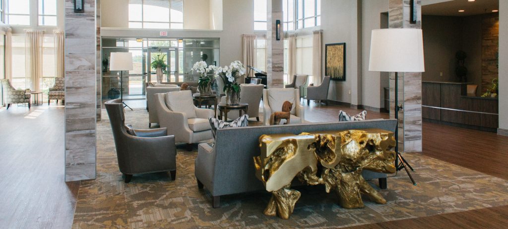 Bright lobby with comfortable seating and decor