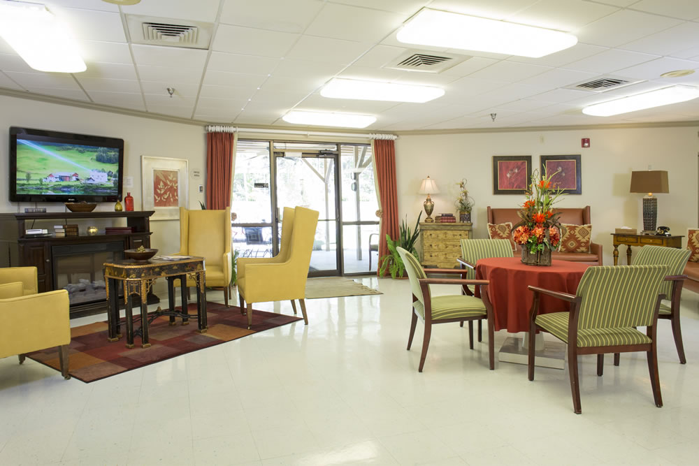 Bright common area with seating and decor
