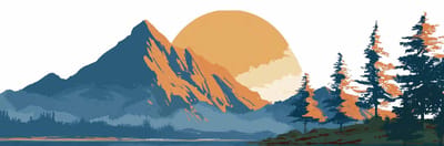 Illustration of mountains and trees under a sunset