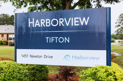 Exterior sign for Harborview senior living facility