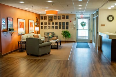 Cozy interior lobby area with comfortable seating