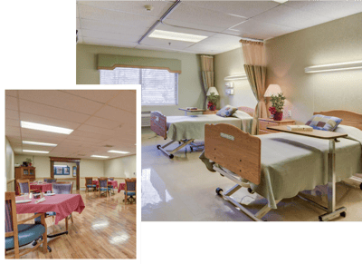 Bright shared living space with beds and dining area