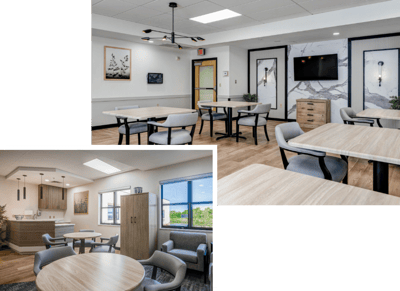 Bright common area with tables and seating